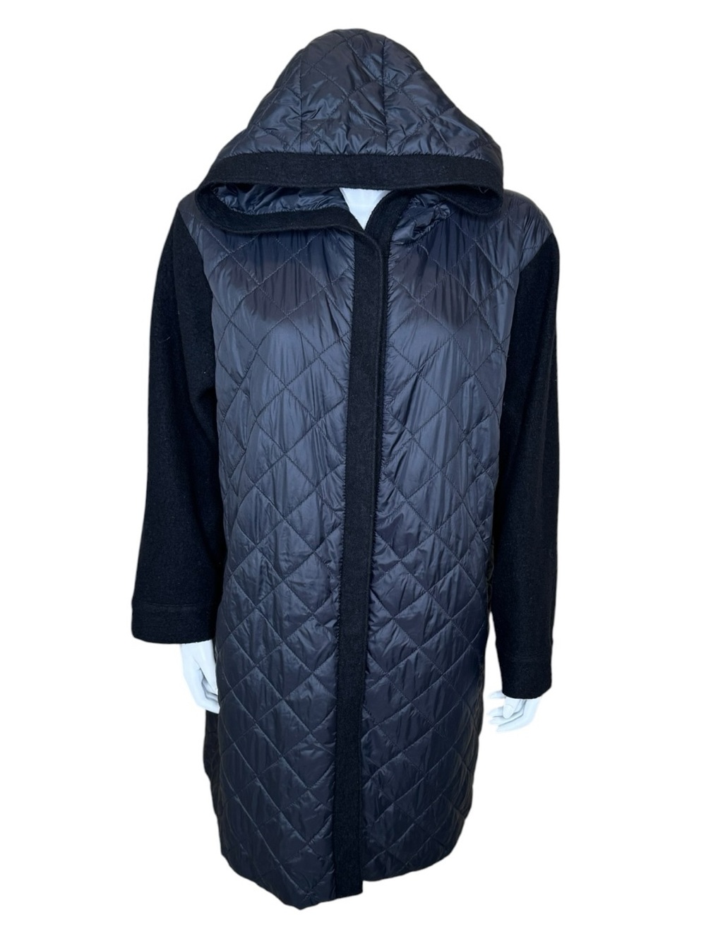 Eileen Fisher Quilted Mid-Length Jacket XL Hooded Nylon Wool Sleeve Snap Black